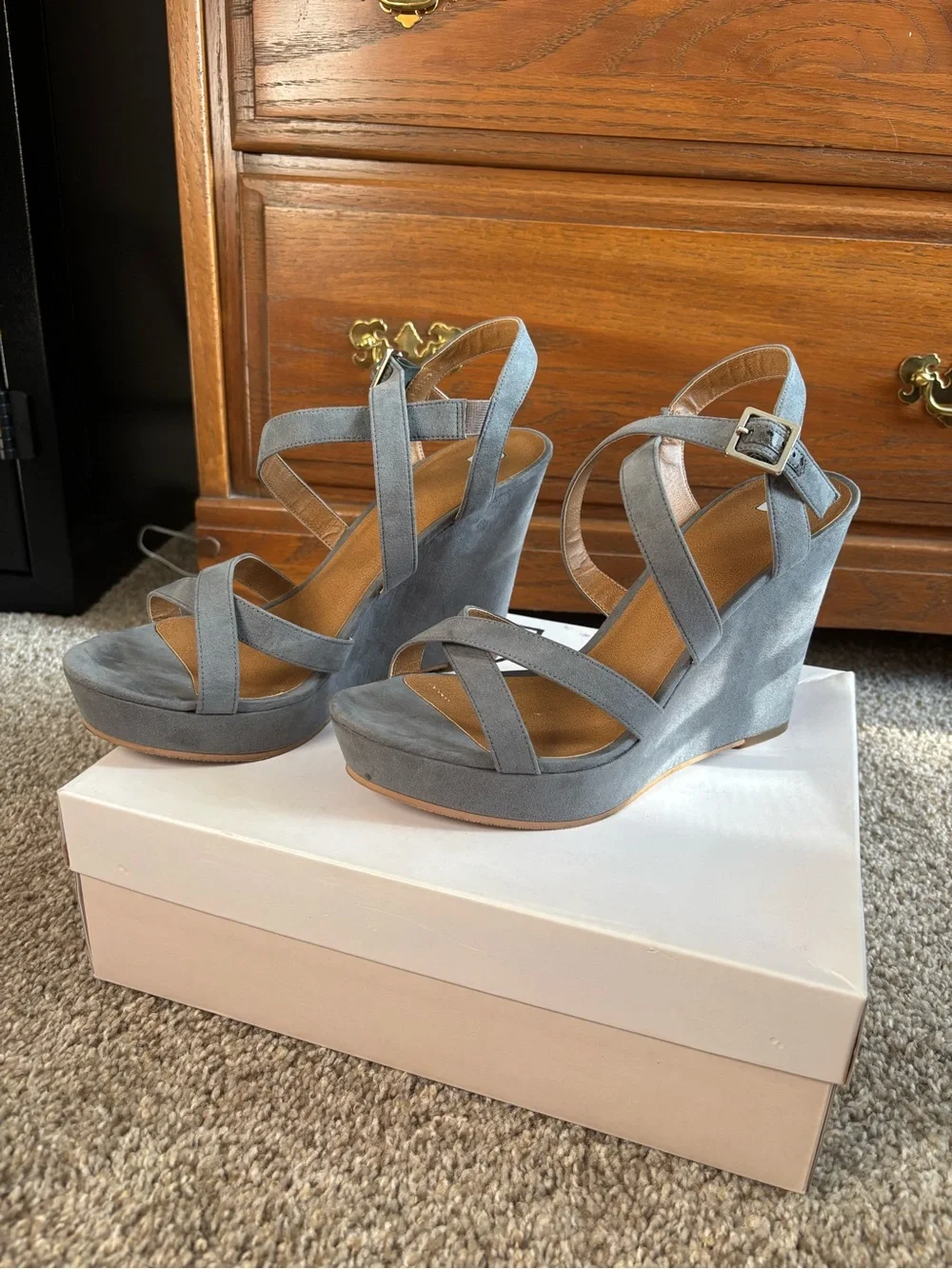 Strappy Gray Suede Wedge Sandals - Women's